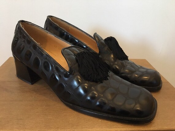 Vtg 80s Sacha of London black leather crocodile ta