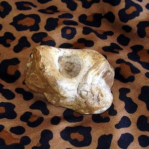 May include: A light brown, irregularly shaped stone with a smooth, round indentation. The stone is resting on a brown and black leopard print fabric.