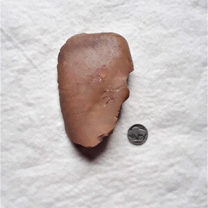 Puede incluir: Una piedra plana de color marr&oacute;n rojizo, de forma irregular y textura rugosa. La piedra es aproximadamente del tama&ntilde;o de una moneda de plata.