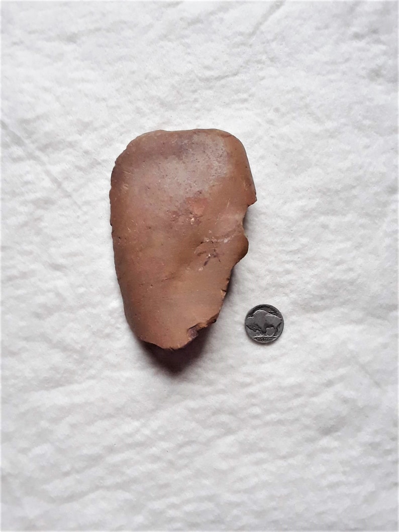 Puede incluir: Una piedra plana de color marr&oacute;n rojizo, de forma irregular y textura rugosa. La piedra es aproximadamente del tama&ntilde;o de una moneda de plata.