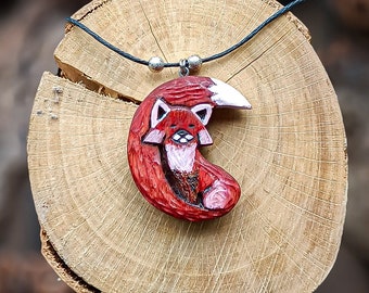 Fox  Moon pendant necklace hand carved on beech wood