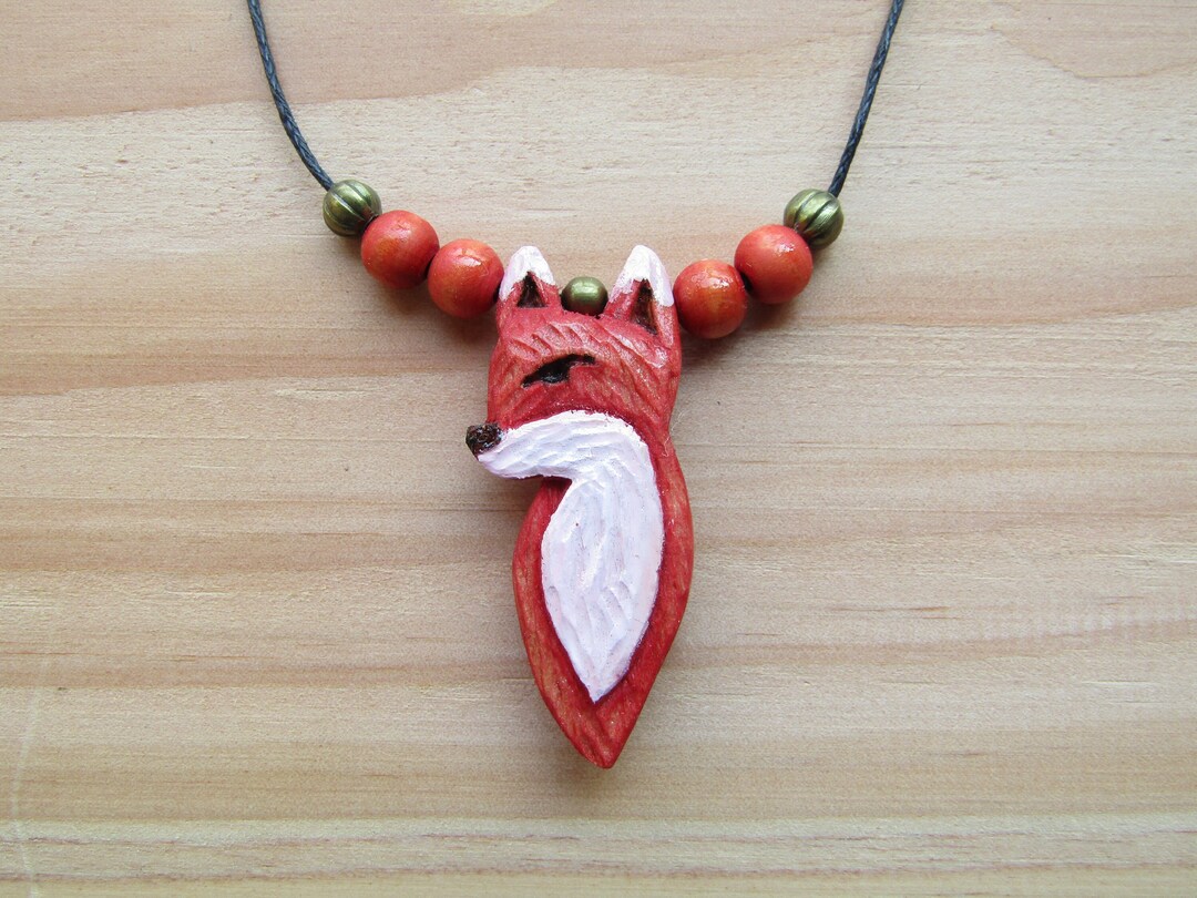 Fox Head Pendant Necklace Hand Carved on Beech Wood Etsy