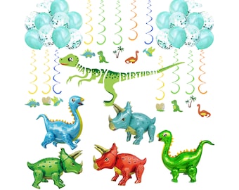 Dinosaur Party Supplies Balloon Set 5 JUMBO Mylar Walking Foil Balloons with Dinosaur Happy Birthday Banner and Decorations