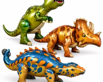 May include: Three inflatable dinosaur balloons made of metallic foil. One is a green T-Rex standing upright, one is an orange triceratops, and one is a blue and gold ankylosaurus with orange spikes along its back. Each balloon has a detailed print.