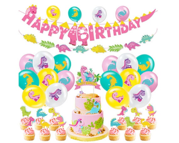 Happy Birthday Dinosaur Balloon Set - Pink Decor Kit For Boy Or Girl Parties (12 Pieces)
