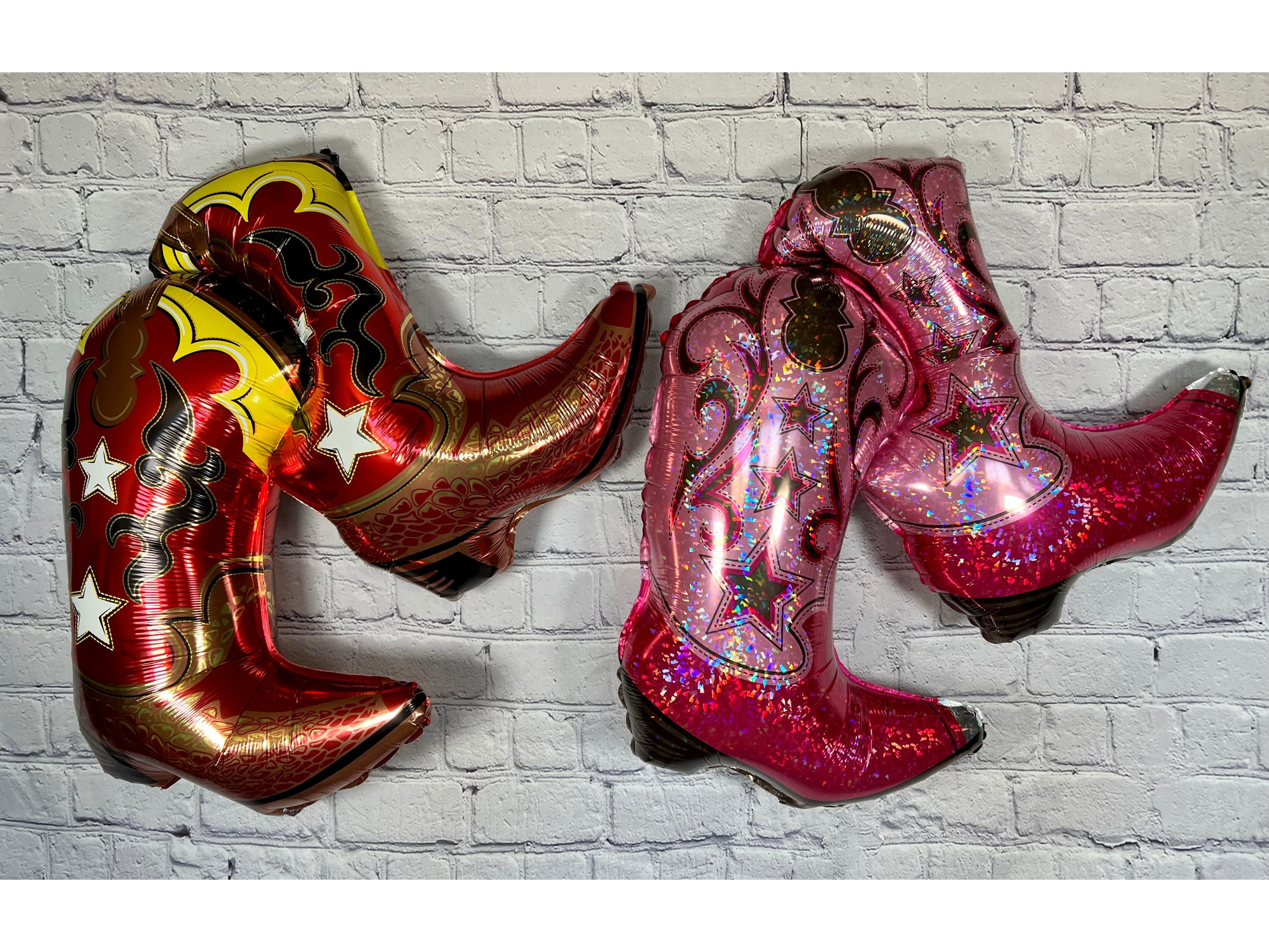 Cowgirl Cowboy Boots Balloons Happy Birthday Celebration Western Pink Red Brown Dancing Boots