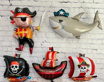 Set de 5 piezas de piratas y barcos piratas con globo de tiburón