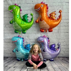 Palloncini in foil a forma di drago JUMBO Mylar - Set di 4 decorazioni per feste di compleanno per bambini