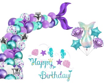 Set Di Palloncini Per 5° Compleanno A Tema Sirena – 2 Sirene, 2 Conchiglie, Numero 5, Cuore E Nastro, In Alluminio, Dimensioni Varie
