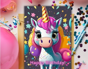 Unicorn birthday card digital download for kids birthday party printable birthday cards