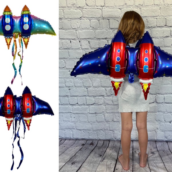 Kids superhero flying jetpack birthday balloons party favors with rockets. Pack of 6.