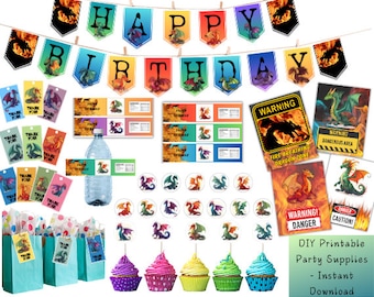 ドラゴンの誕生日パーティーの装飾用品バナー | DIY ドラゴンの印刷可能なインスタントダウンロードパーティーデコレーション PDF | 子供の誕生日プレゼント ドラゴンテーマ