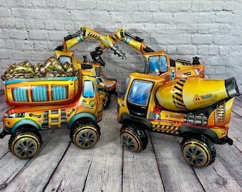 Construction Party Decorations | Dump Truck & Excavator Balloons | Construction Birthday Decor | Jumbo 4 PC Set | Boys Digger Party