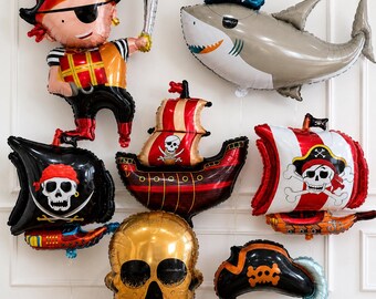 Piratfestdekorationer | Ballonger för piratskepp, dödskalle och haj | Piratfödelsedagsdekorationer | Jumboset med 7 delar | Babyshower för pojkar