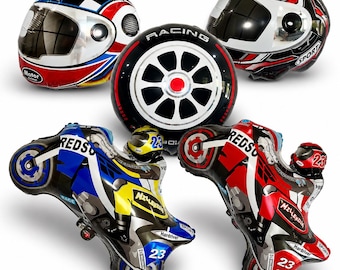 May include: A collection of five inflatable foil balloons featuring two motorcycle helmets in red, white, and black, a central black racing tire with the word RACING, and two racing motorcycles in blue and red with the number 23 and text.
