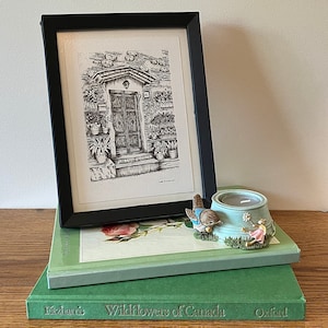 Doorway Series, Pen and Ink Illustrations, Landscape Setting, Welcome Home, House, Front Door, Flowers, Plants, Birds, Stone, Brick