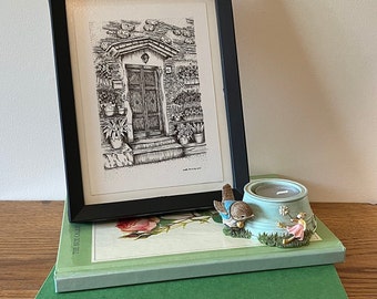 Doorway Series, Pen and Ink Illustrations, Landscape Setting, Welcome Home, House, Front Door, Flowers, Plants, Birds, Stone, Brick