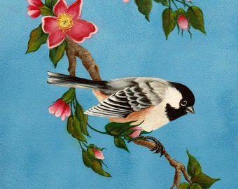 Little black-capped chickadee admiring the blossoms in the garden. He's right at home with the little wren also here in my shop. Gift  bird