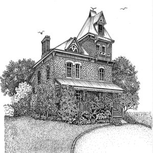 Custom House Portrait, Pen and Ink, Grey Tones, Housewarming, Home