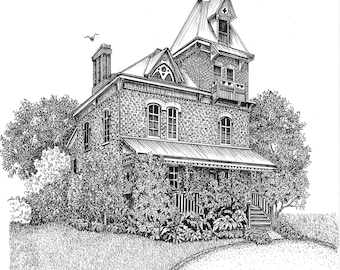 Custom House Portrait, Pen and Ink, Grey Tones, Housewarming, Home