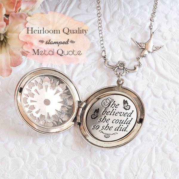 Graduation Gift She believed she could so she did Quote Necklace Silver Locket College Gift Back to School Inspirational Jewelry