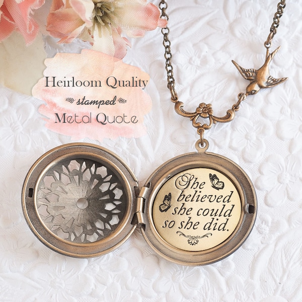 Graduation Gift She believed she could so she did Quote Necklace Bronze Locket College Gift Back to School Inspirational Jewelry