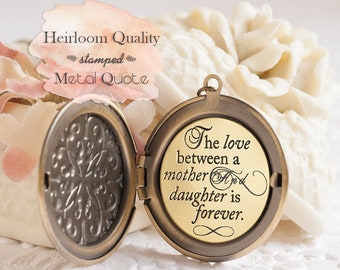 Mother Daughter Necklace The love between a mother and daughter is forever Quote Necklace Embossed Locket Gift for Mom Mother of the Bride