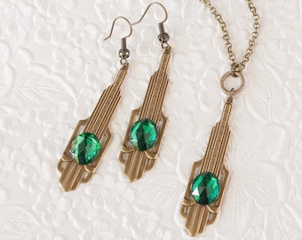 Art Deco Earrings and Necklace, Art Deco Emerald Necklace, 1920's Style Necklace, Art Deco Jewelry, Emerald Green Necklace, Long Necklace