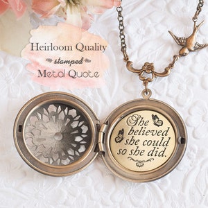 She believed she could so she did Quote Necklace Bronze Locket Graduation Gift College Gift Back to School Inspirational Jewelry