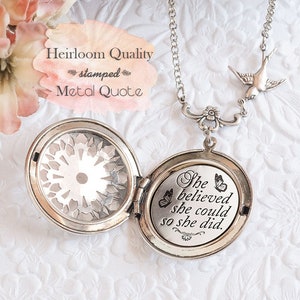 She believed she could so she did Quote Necklace Silver Locket Graduation Gift College Gift Back to School Inspirational Jewelry
