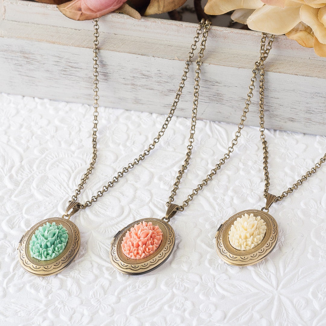 Ivory Rose Locket Coral Peach Locket Mint Green Locket Rose Flower