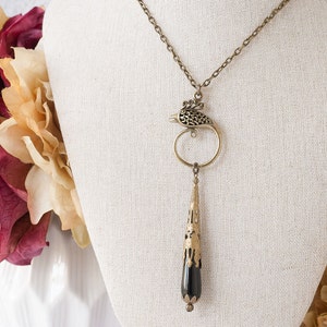 Art Nouveau Peacock Necklace Black Onyx Necklace Long Pendant Necklace Bronze Necklace Downton Abbey Inspired Neo Victorian Jewelry