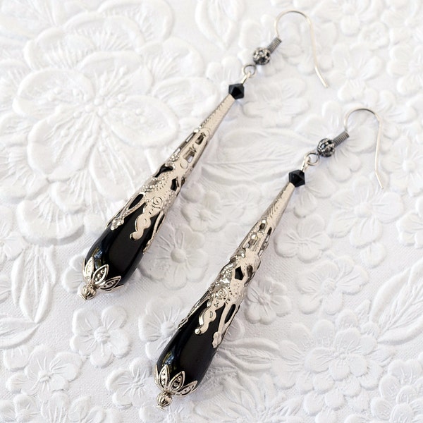 Art Nouveau Silver Earrings Black Onyx Earrings Teardrop Earrings Long Dangle Earrings Downton Abbey Inspired Neo Victorian Jewelry