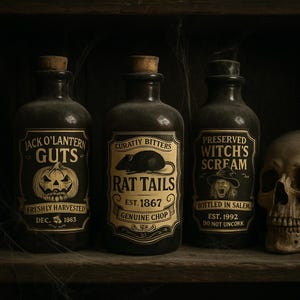 Peut inclure: Trois bouteilles d'apothicaire de style ancien avec des bouchons en liège et des étiquettes vieillies. Les étiquettes indiquent "Jack O'Lantern Guts", "Rat Tails" et "Preserved Witch's Scream". Un crâne est partiellement visible à droite. Les bouteilles sont sur une étagère en bois.