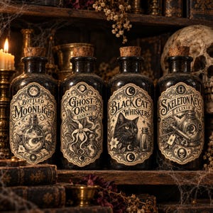 May include: Four dark glass apothecary bottles with cork stoppers, each featuring ornate cream-coloured labels. The labels are titled Bottled Moonlight, Ghost Orchid Essence, Black Cat Whiskers, and Skeleton Key Elixir, decorated with detailed illustrations.