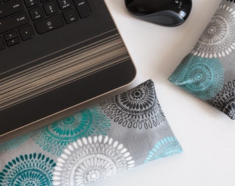 The Original Wrist Rest Set, Teal Gray White Black Medallion Wrist Rest Set with Fold Over Covers™, Infini Washable Wrist Rest