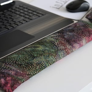The Original Wrist Rest, MultiColor Dot Batik Fabric Wrist Rest with Fold Over Cover™, Purple, Green, Infini Zipper Insert Wrist Rest