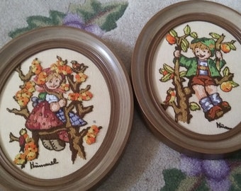 Vintage Hummel Needlepoint Set of Two Hand Stitched  Framed Crewel Art, Unique, Beautiful Bright Colors, Finished and Framed, Mint Condition