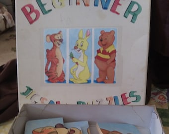 Toddler Activity, Set of Three Wood Jigsaw Puzzles, Bear, Rabbit, Tiger, Vintage Gift, Children Age 1-5 years, Stores Neatly