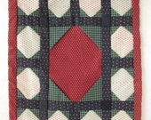 Quilted Geometric Design, Unique Hand Stitched, Man, Country Colors, Calico, Colonial Red, Colonial Green, Excellent Condition, Wall Hanging