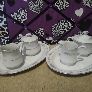 Choice of New in Box, American Limoges &quot;Bridal Bouquet&quot; Platinum Silver Edge China Sugar Bowl and Creamer, or 2 serving Platters