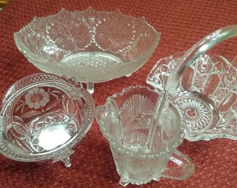 Antique Gillinder Glass 1885, Quintec Basket, Higbee Thistle Spooner, Collectible Glass