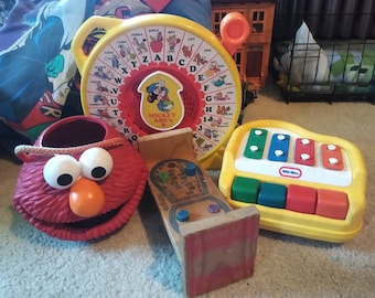 Vintage Elmo Container, Little Tikes Piano, Mickey Mouse See and Say, Playskool Cobbler Bench