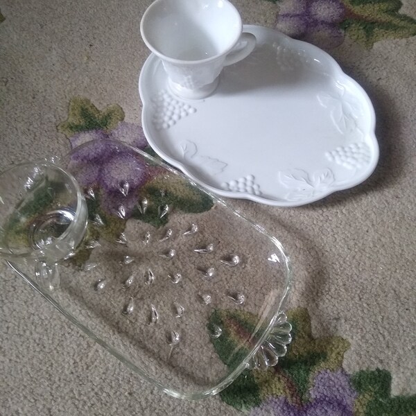 Choice of 2 Vintage Types Snack Sets, Milk Glass or Clear Teardrop