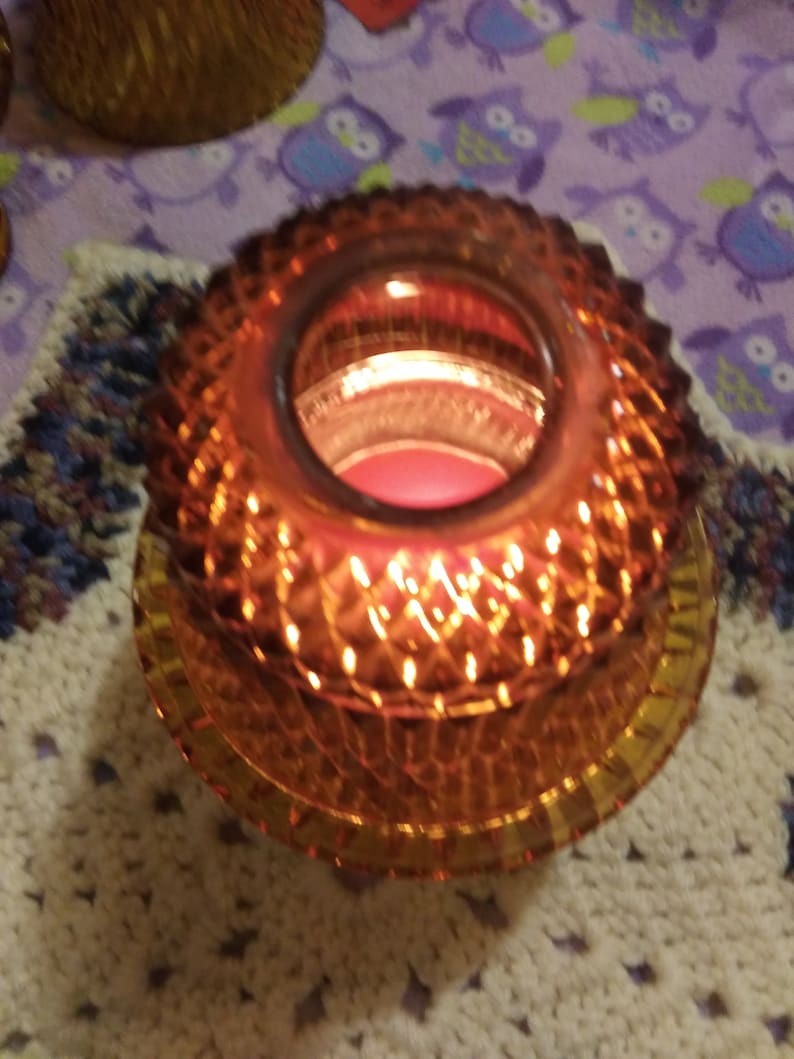 Hurricane Lamp Vintage Indiana Glass Amber Diamond Point Two Piece Fairy Light Candle Holder 6 12 High Brown Color Glass