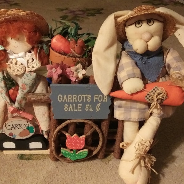 Hand Crafted Wooden Shelf Display, Vintage, Cute Carrot Sign, Straw Hat, Bunny, Tiny Yo-yo on Hat, Hand Painted