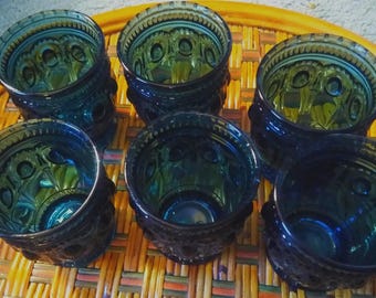 Decostar Embossed Blue Cups, Thick Glass, for Drinking or Use as a Candleholder