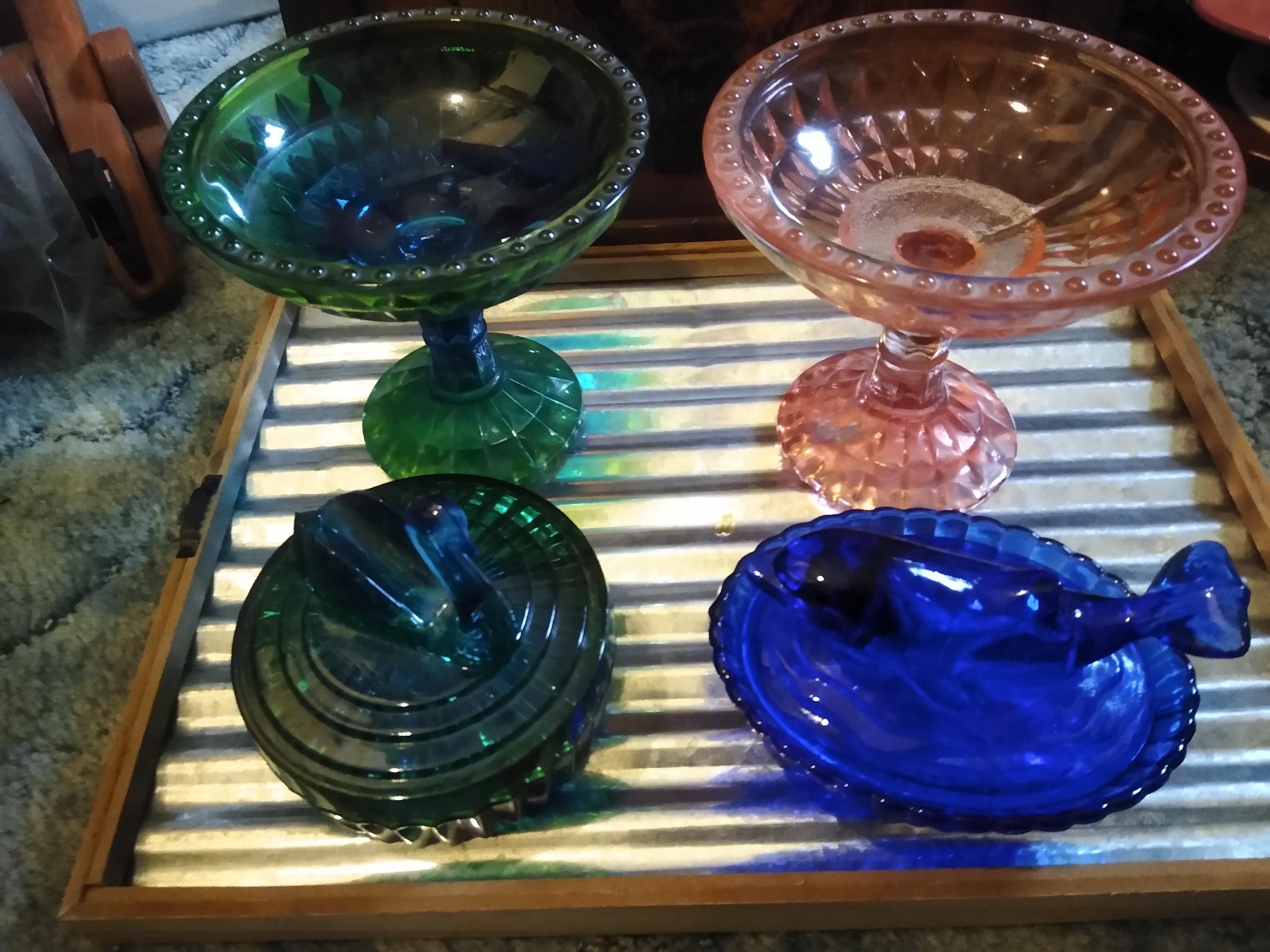 Vintage Jeanette Iridescent Colored Glass, Blue, Green, Pink