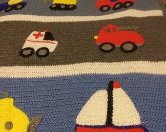 Unique Vintage Child&#39;s Afghan, Twin size Bed Blanket, Transportation, Blanket Boy, Fun Gift, Any Occasion Gift, Hand Crocheted, Colors