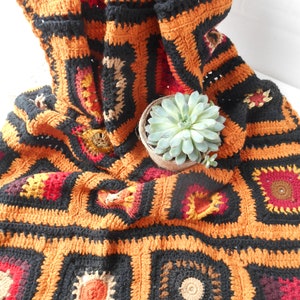 Vintage Bright Granny Square Blanket, Hand Crocheted Afghan,  Orange, Yellow, Quilt, Brown and Red, Upcycled Sweater, Earthy Colors
